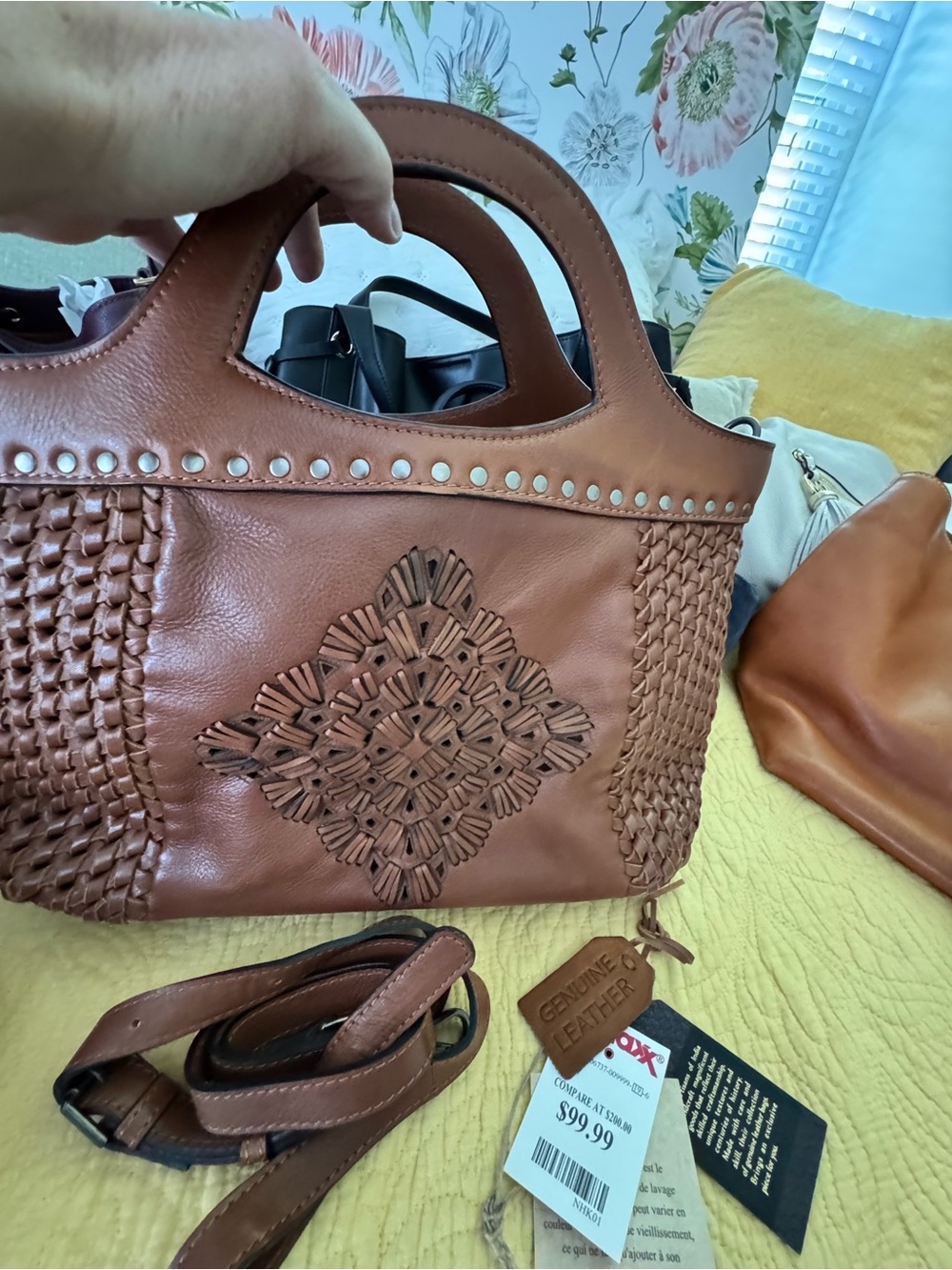 Genuine Leather Woven Accent Tote — Brown.